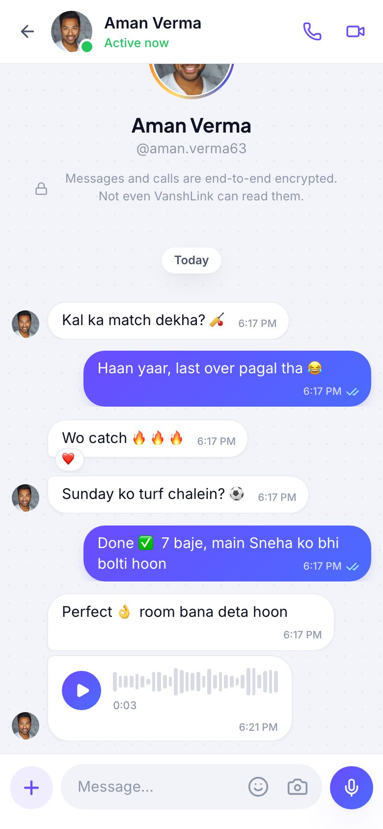 A VanshLink chat on a phone with a voice note and reactions