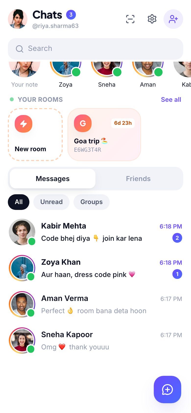 The VanshLink chat list with friends, notes and rooms