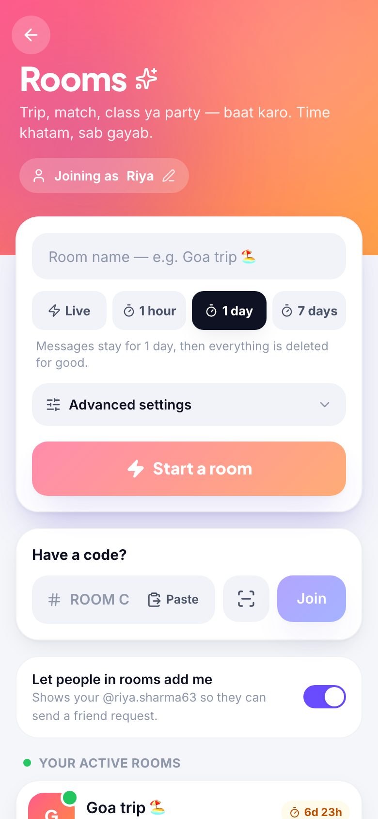 The VanshLink rooms screen on a phone