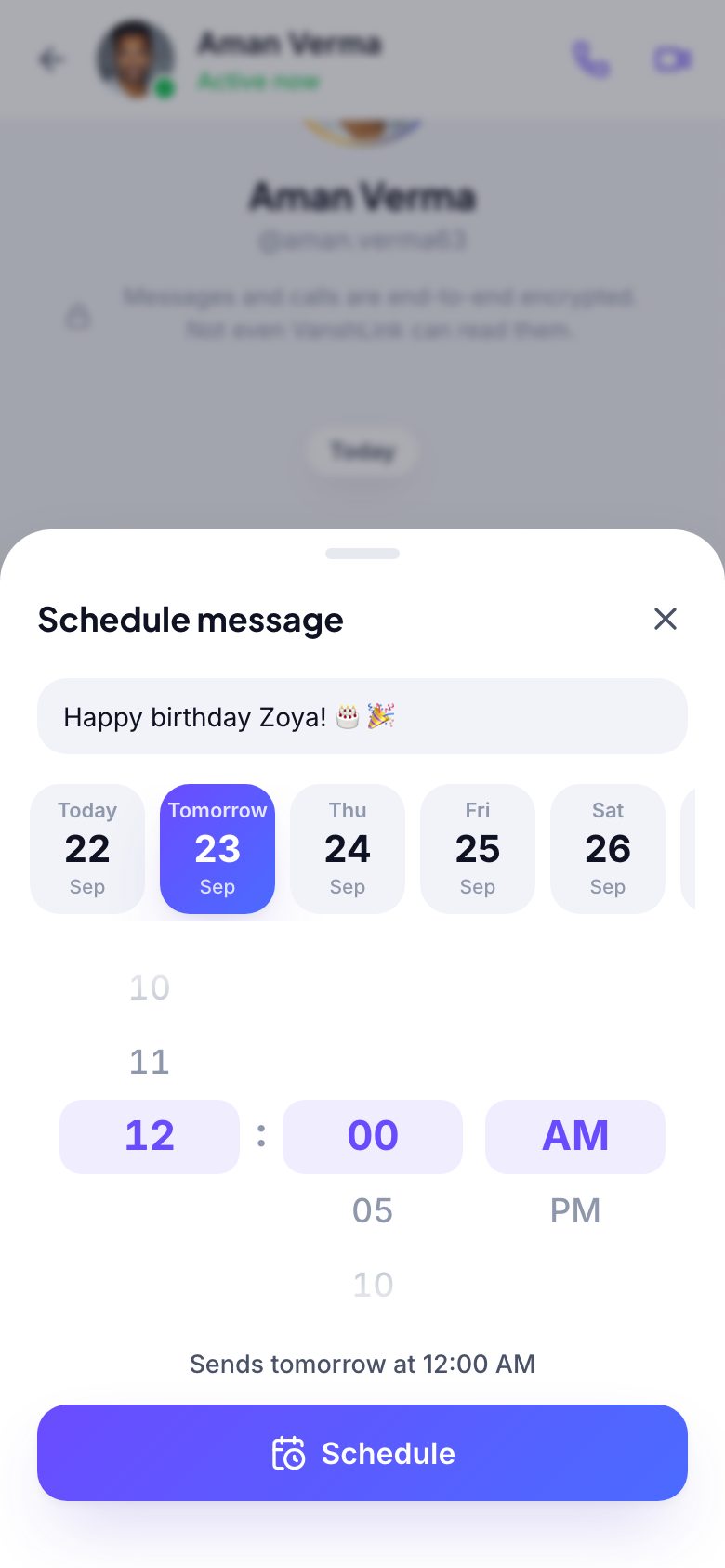 Scheduling a birthday message for midnight in VanshLink